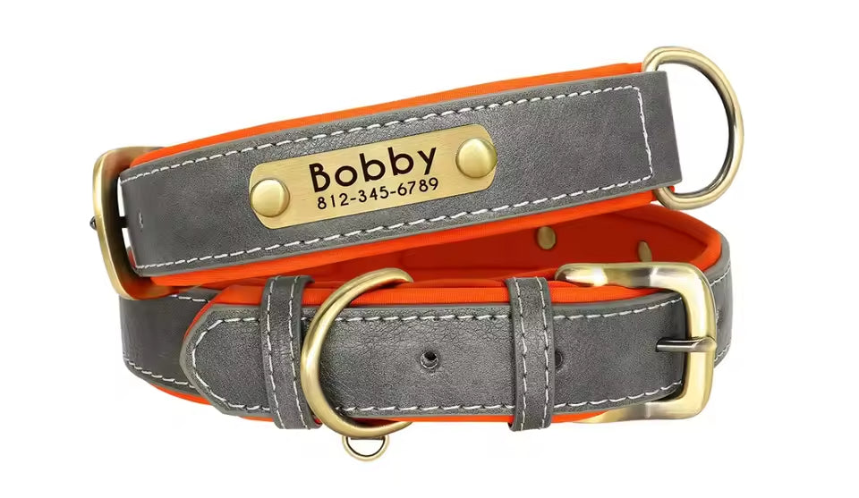 PoochesPlus | Personalised Leather Dog Collar - Engraved Nameplate